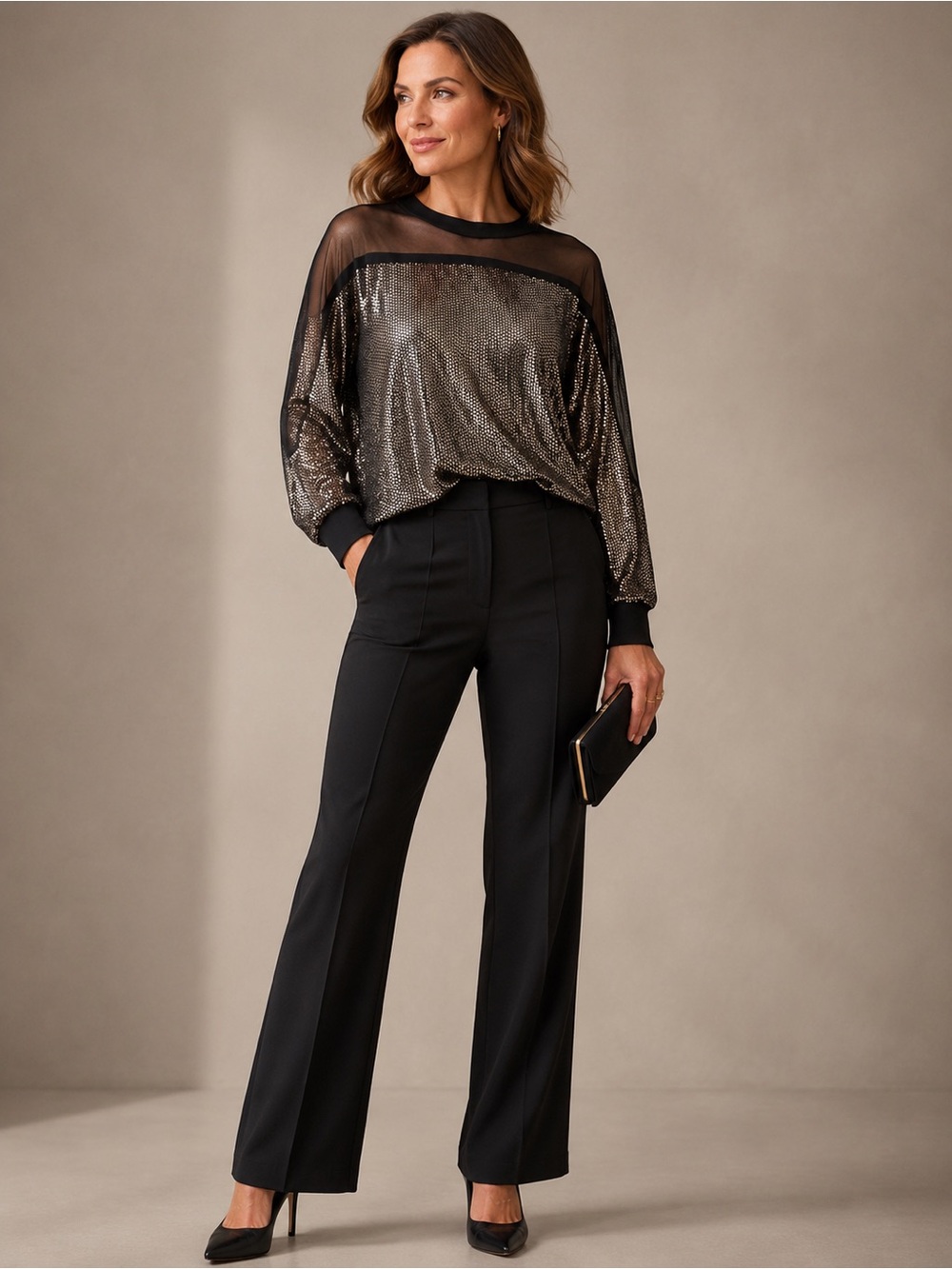 Sequin Nine West Metallic Gold Black Sheer Mesh Party Top NWT Size M mock neck